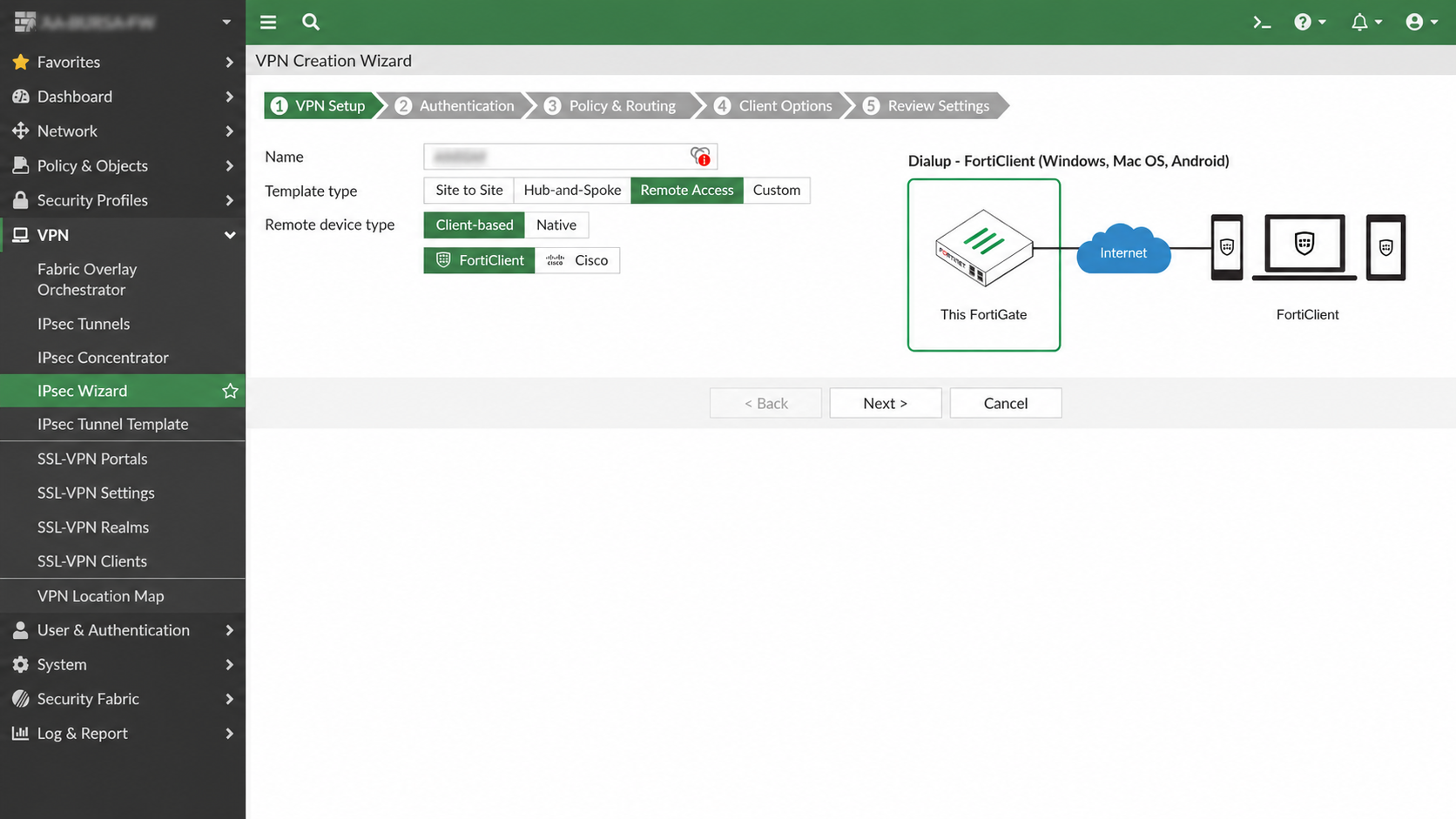 FortiGate IPsec Wizard VPN Setup ekranı