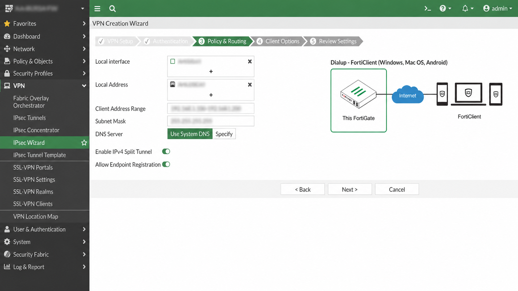 FortiGate IPsec Wizard Policy & Routing ekranı