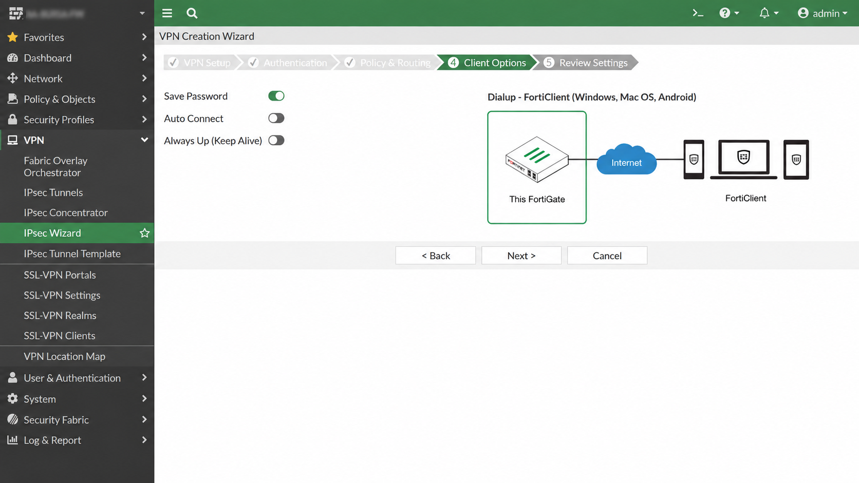 FortiGate IPsec Wizard Client Options ekranı