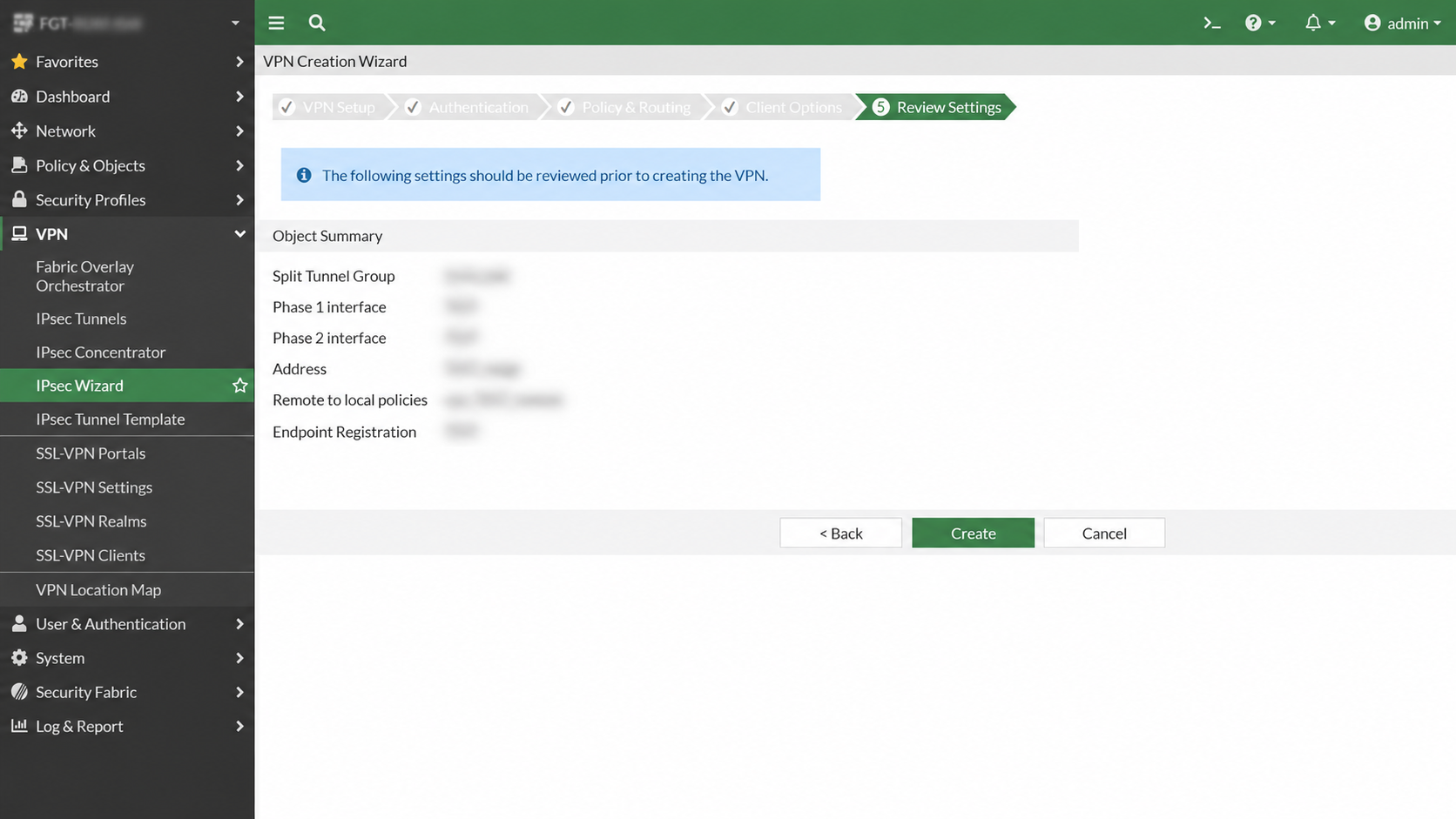 FortiGate IPsec Wizard Review Settings ekranı